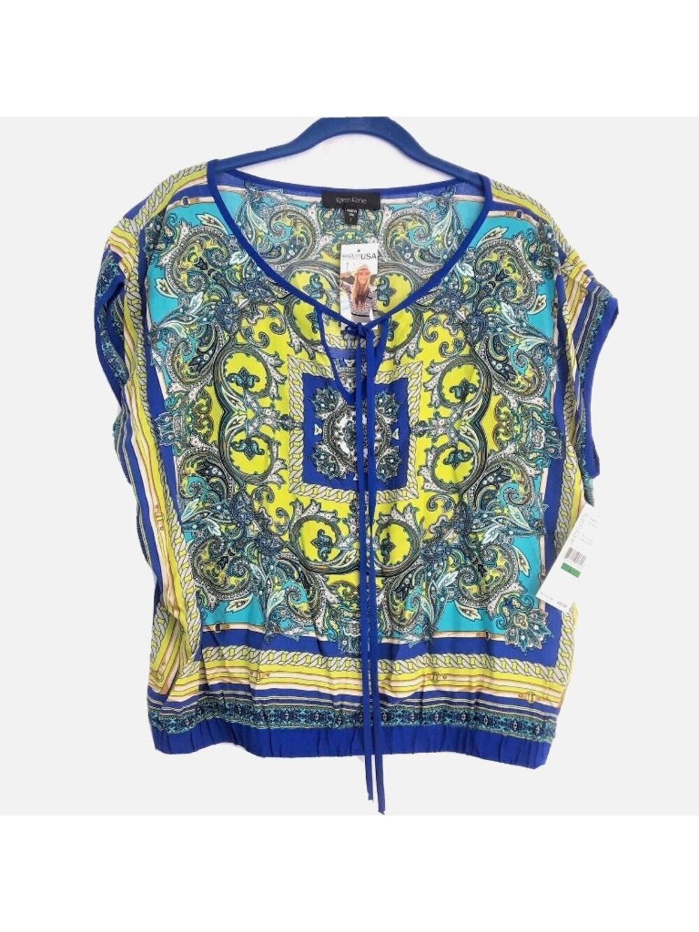 New Karen Kane Electric Tide Keyhole Scarf Print Womens Large Blue Blouse